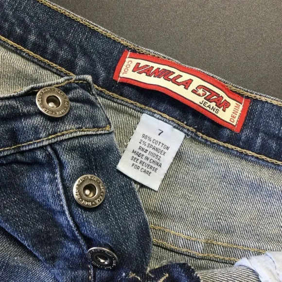 VTG Vanilla Star Womens 7 Denim Mini Skirt Blue Pockets Raw Frayed Hem Stretch - Picture 5 of 10